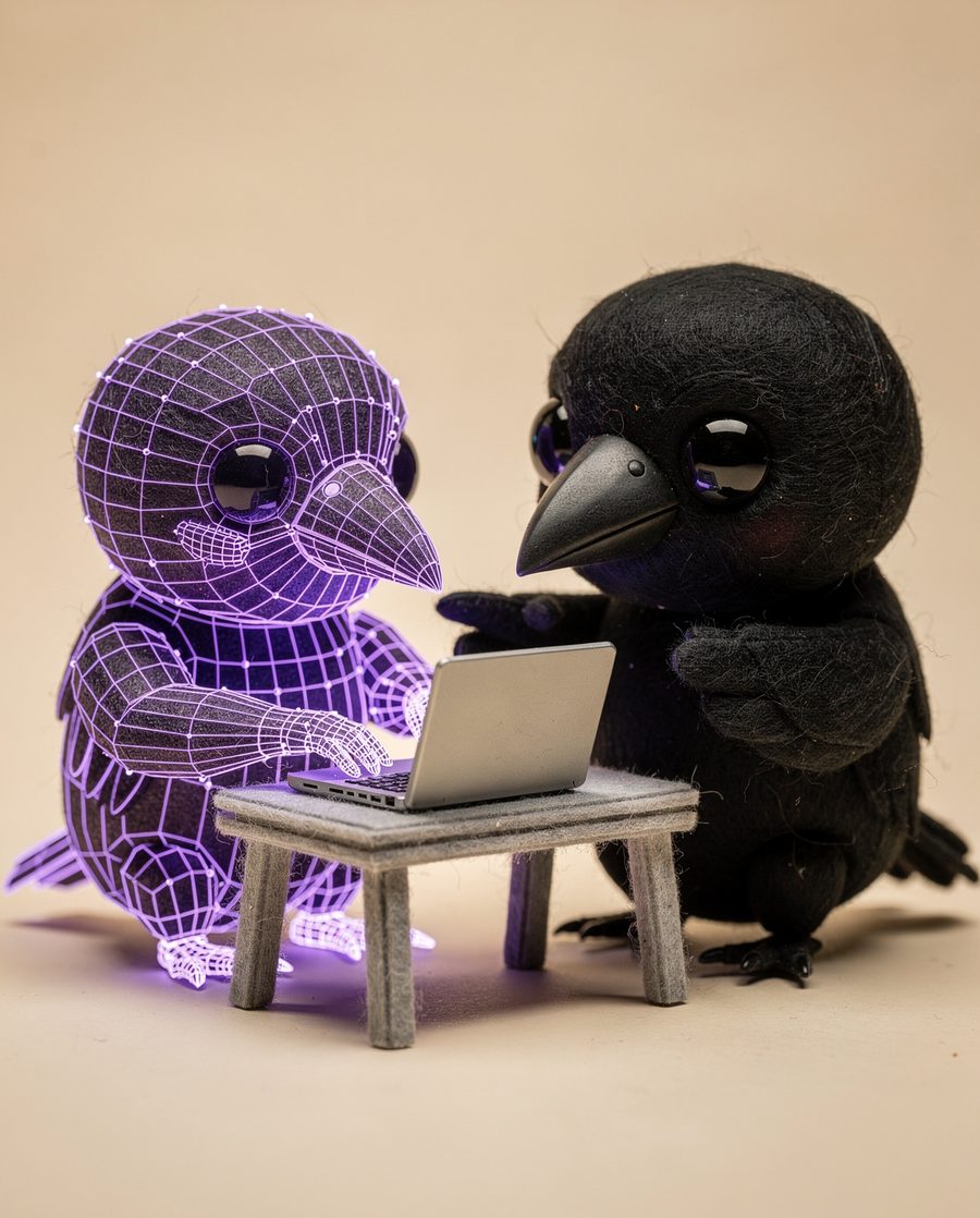 A handcrafted felt raven directing while its luminous digital twin types